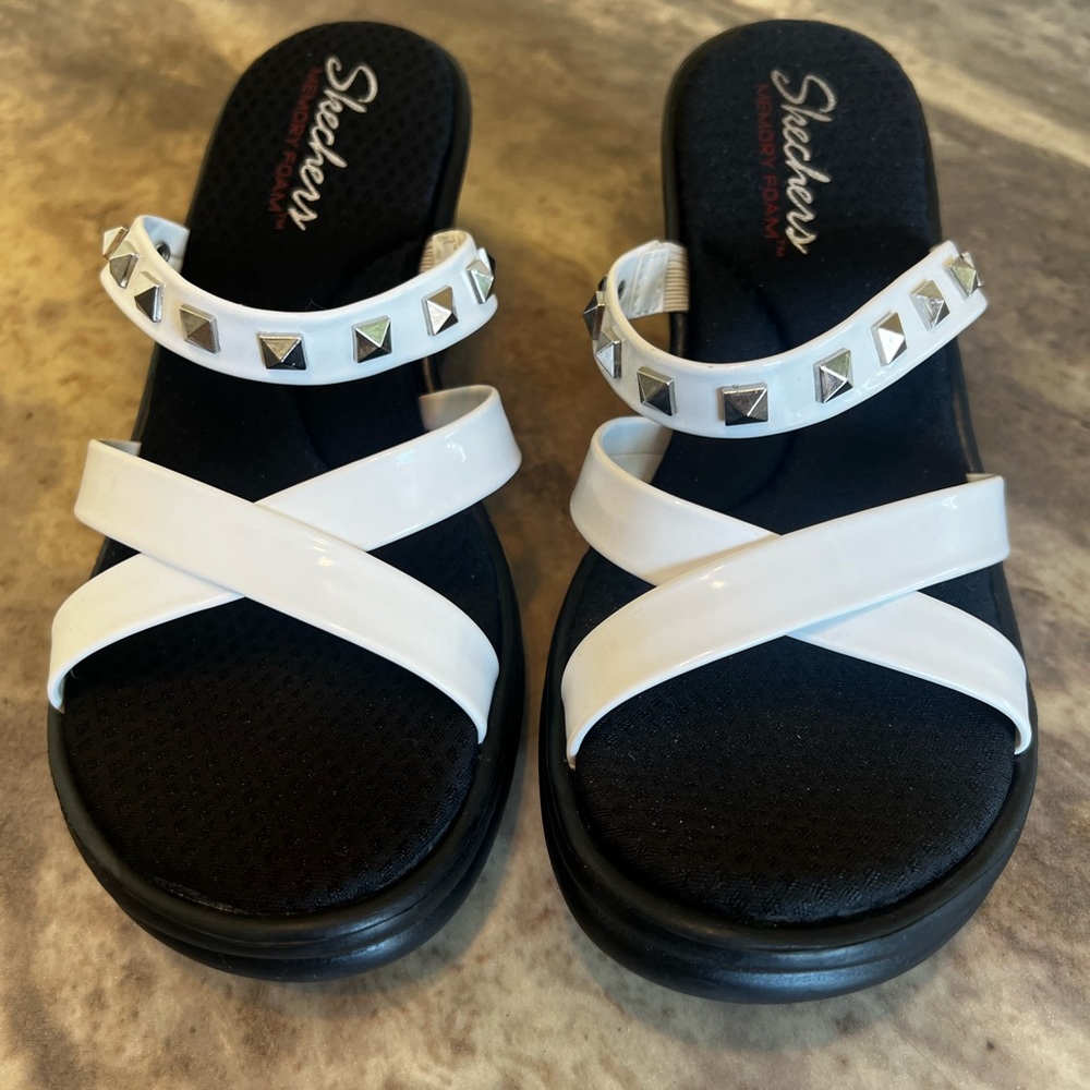 Skechers White Studded Heeled Sandles Size 7.5